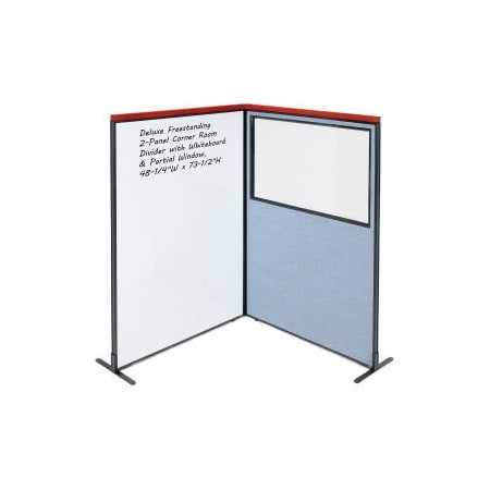 Global Equipment Interion    Deluxe Freestanding 2-Panel Corner w/Whiteboard   Partial Window 48-1/4Wx73-1/2H Blue 695182BL